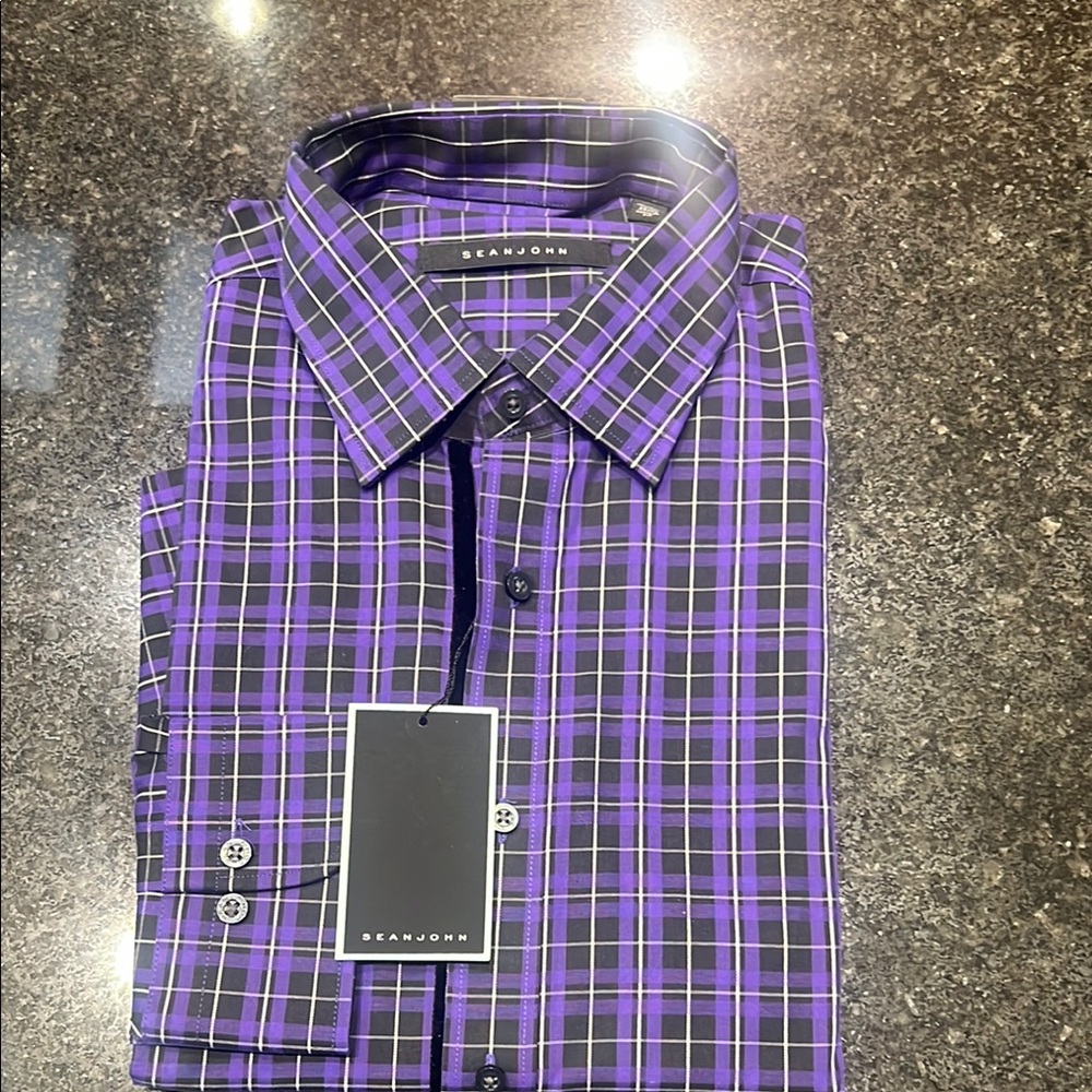 Sean John Purple Dress Shirt with Plaid Pattern